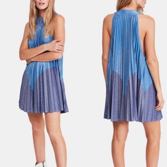 NEW Free People Pleated Love Mini Dress‎ Blue XS - Picture 1 of 11